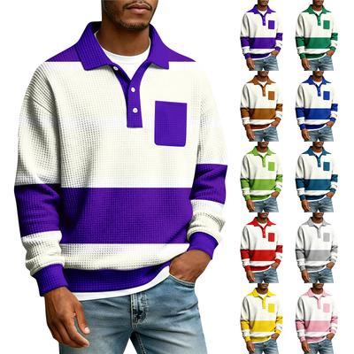Men's Striped Single Breasted Long Sleeved Shirt With Collar And Pockets  Casual Sports T-shirt