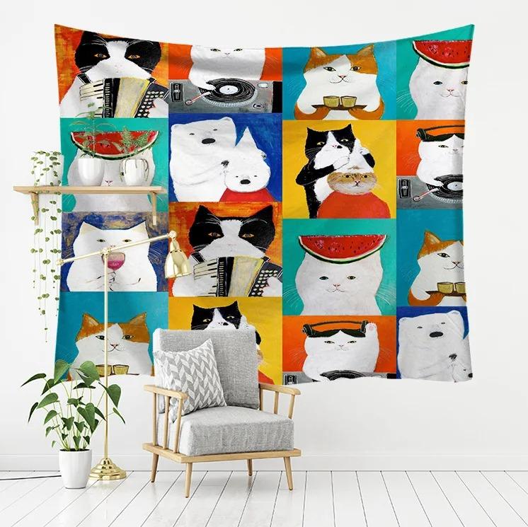 Cartoon Abstract Kitten Pattern Tapestry Home Wall Decoration Tapestry Bedroom Living Room Tapestry