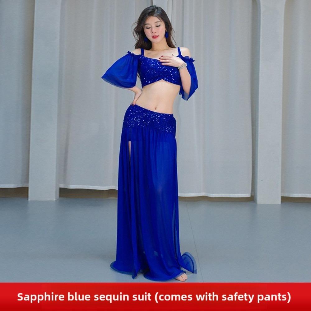 Womens High Grade Oriental Belly Dance Costume Sequined Mesh Suspender Summer Practice Performance Suit M