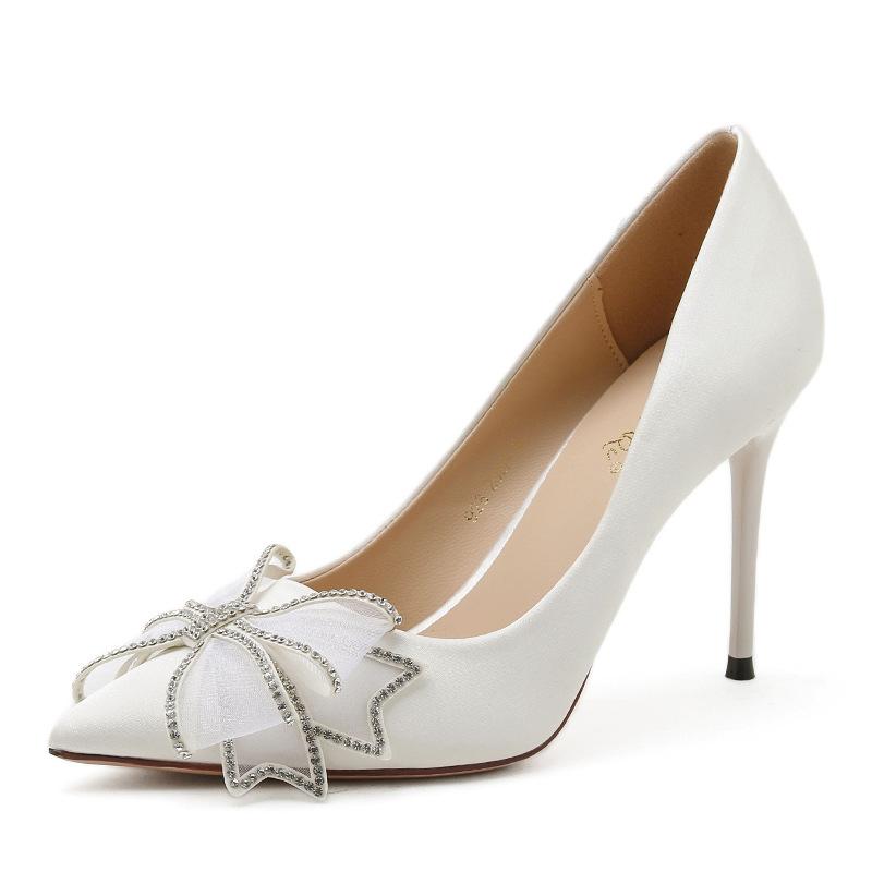 French High Heels Women's 2025 New Temperament Versatile Pointed Fairy Bow Satin Rhinestone Stiletto Shoes