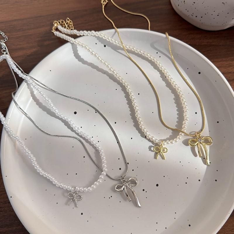 Stylish Beaded Necklace with Bowknot Pendant Choker Necklaces Fashionable Jewelry Gift Adjustable Chain for Women Girls