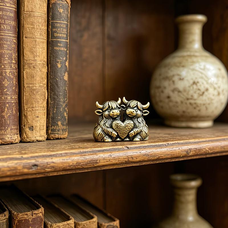 Vintage Lucky Fengshui Highland Cow Figurine Mini Solid Brass Bull Statue for Home Office Desk Decor Animal Collection Gift