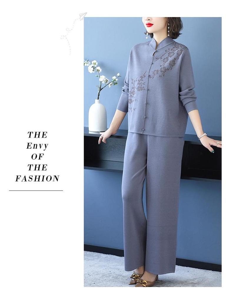 Herbst 2025 Damen Lässiges Strick Zweiteiler-Set: Lässiges Oberteil & Weitbeinige Hosen für Mütter mittleren Alters