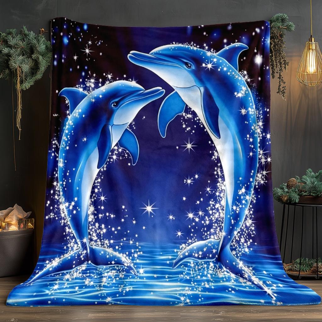 Leaping Dolphins Starry Sky Print Throw Blanket, Soft Lightweight Warm Digital Print Blanket for Bed Sofa Office Camping, 1PC