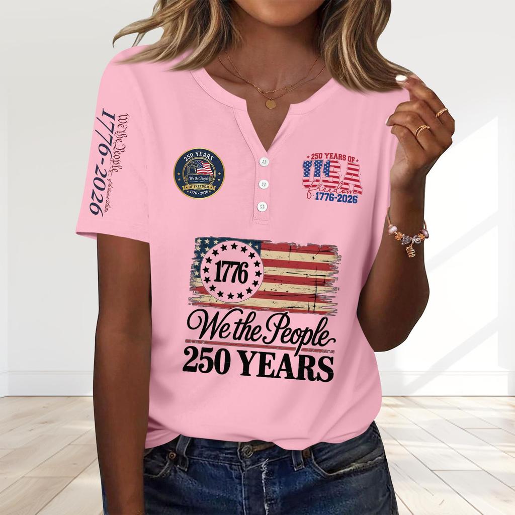 Women's Fashion Casual 250th Anniversary Independence Day Print V-Neck Short Sleeve Decorated Button-Up T-Shirt
