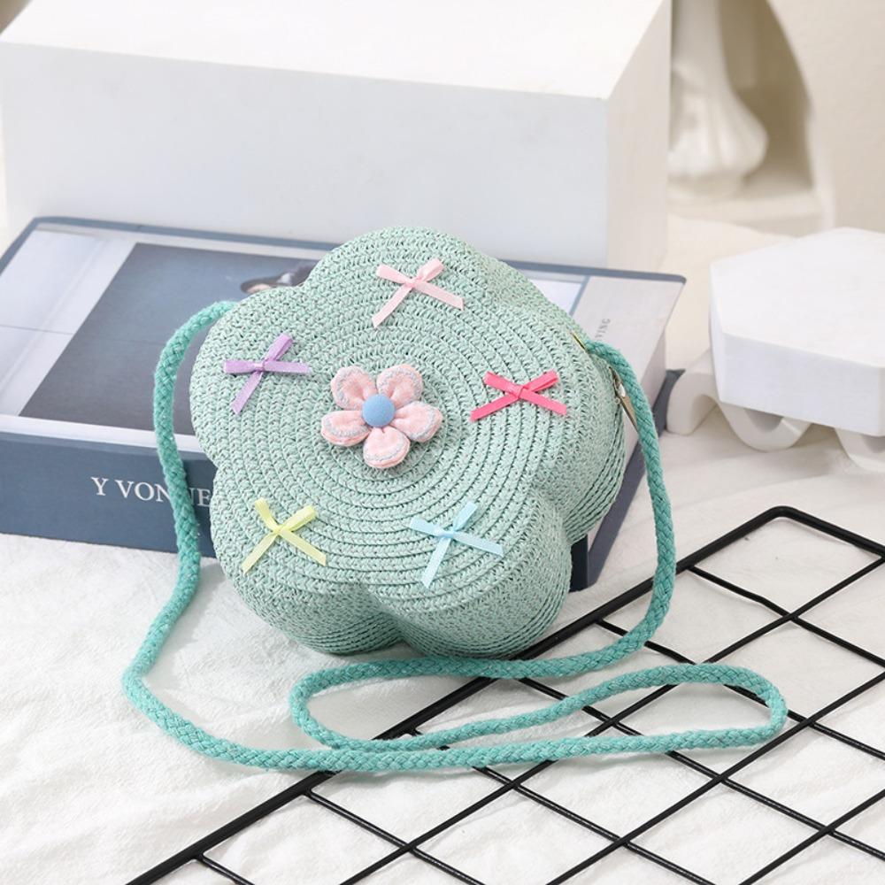 Cute Children Girls Shoulder Bag Flower Bow Handmade Straw Baby Bags Messenger Bag Kids Keys Coin Purse Cute Mini