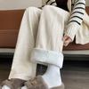 2026 Autumn/Winter Women's High-Waisted Herringbone Wide-Leg Pants with Plus Velvet and Slit, Slim Straight-Leg Design