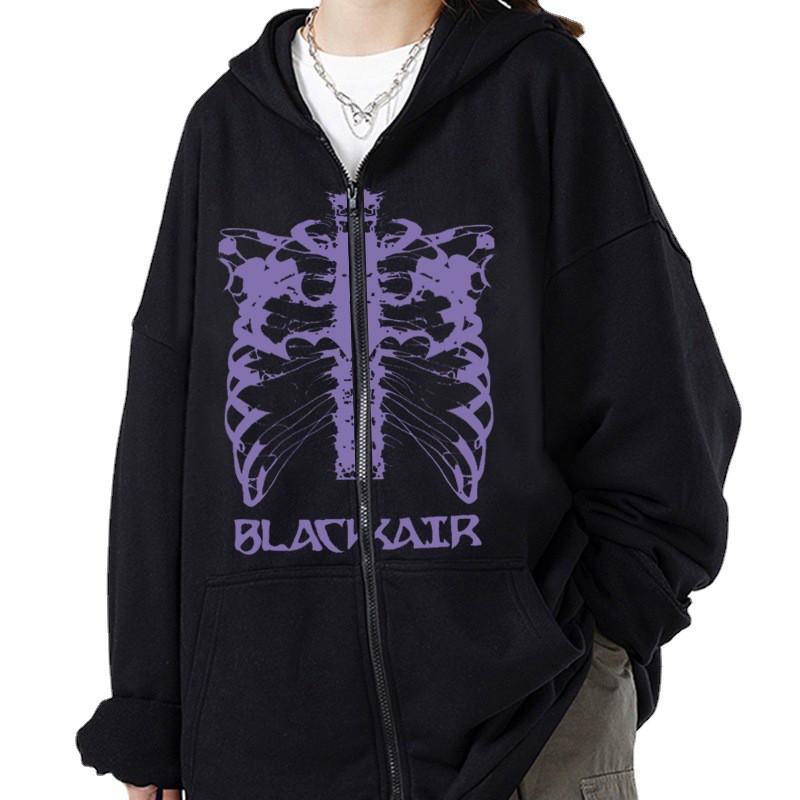 Y2K Skeleton Print Zip-Up Hoodie Womens Oversized Streetwear Sweatshirt 90s Retro Graphic Pullover