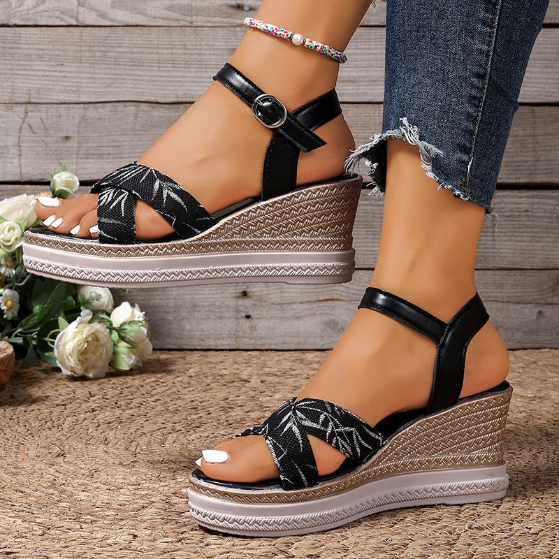 Fashion Vintage Print Wedges Sandals for Women Summer Ankle Buckle Platform Sandles Woman Comfort Non Slip Plus Size Casual Sandalias