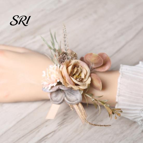 European Forest Style Corsage Rose Bud Wedding Flower Set, Wrist for Bride Bridesmaid Light & Boutonniere Groom Groomsman, Artificial Silk Floral
