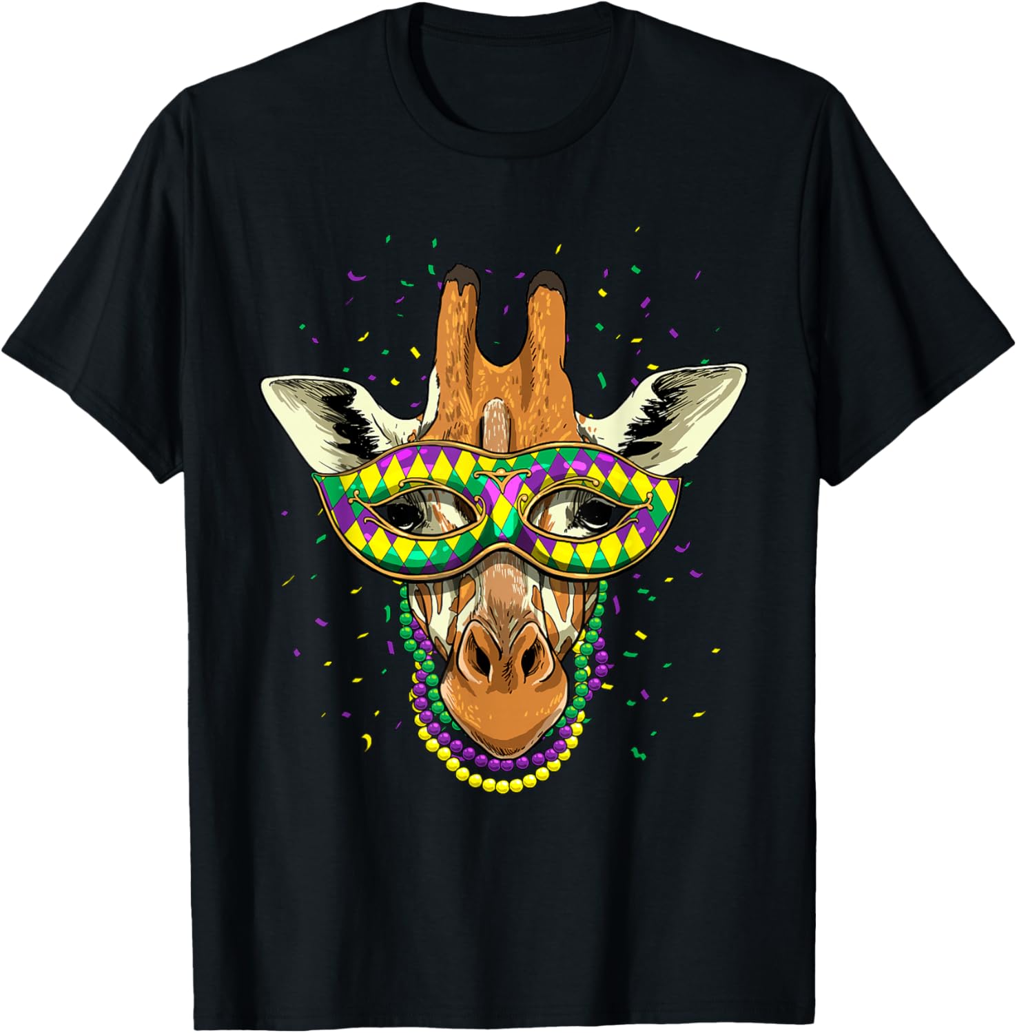 Giraffe Mardi Gras Mask Beads Graphic Tee Cute Animal Lover Carnival T-Shirt 4XL