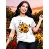 European Sizes Women's T-Shirt with Sunflower Butterfly Floral Print, Round Neck Short Sleeve, Vacation Birthday Party, Sweet Cute Gift for Women