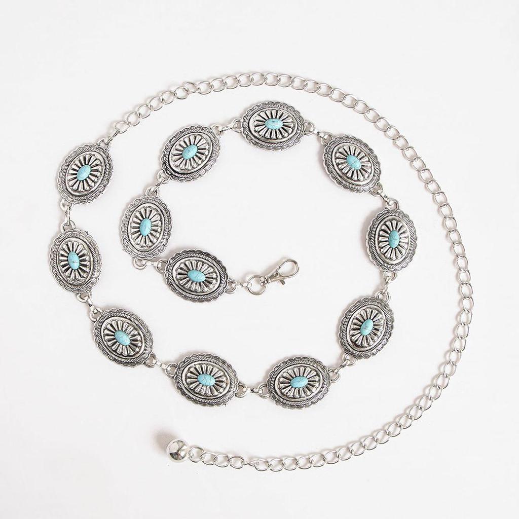 New Retro Turquoise Bohemian Metal Waist Chain for Women Elegant Exquisite Fashionable Waist Chain Belt