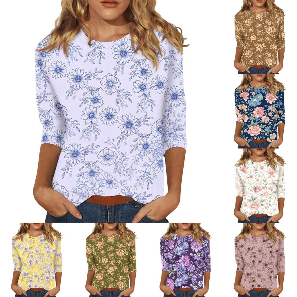 Women's Casual Floral Print Round Neck Top with Three Quarter Sleeves Loose Fit Comfortable Lightweight Blouse for Spring Summer