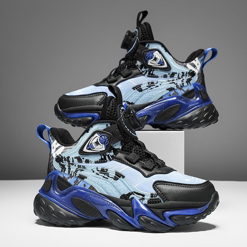 Spot thick-soled leather surface children's basketball shoes non-slip rotating buckle comfortable sports shoes cool color scheme running shoes