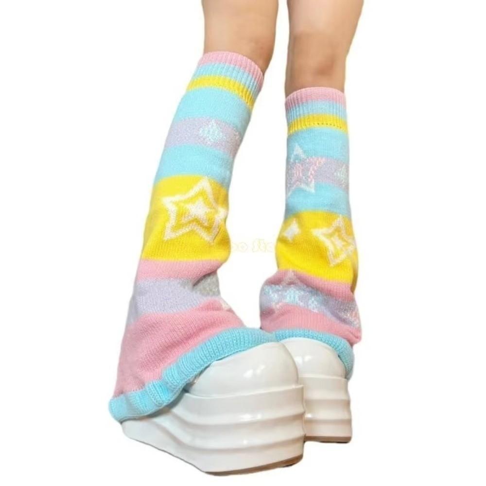 1 paio Scaldamuscoli Colore Caramella Jacquard con Motivo a Stella Calzettoni Lunghi Dolci Calzini Lavorati a Maglia Donna Ragazze