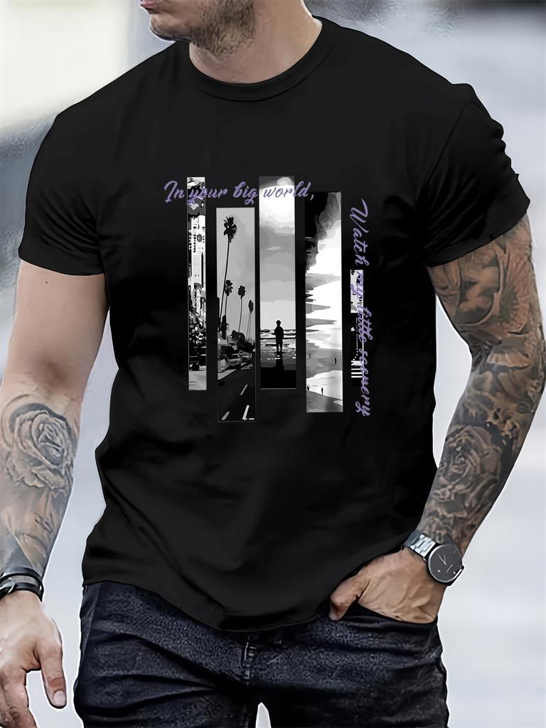 2026 Unisexs Summer 100 Cotton Casual Sports Loose Landscape Pattern Printed Round Neck Short Sleeve Outdoor Tshirt Daily Top