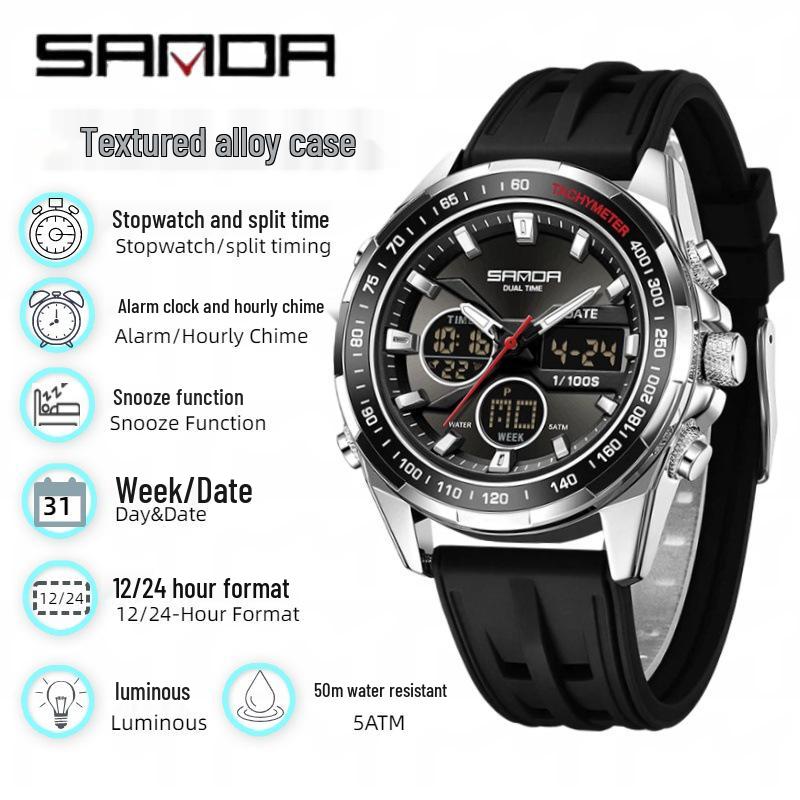 Sanda Men's Waterproof Dual Display Multi-Function Watch with Timer, Snooze, and Night Light.