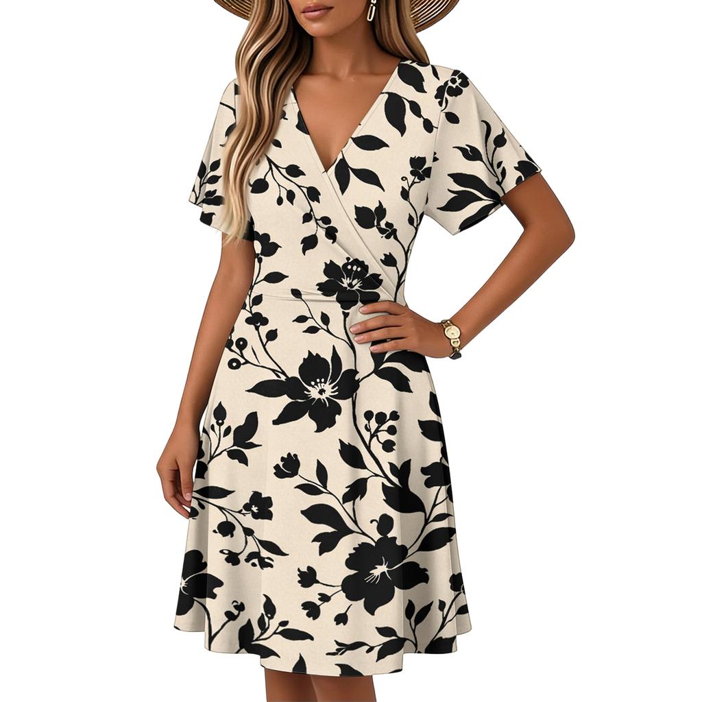 Women's Horn Sleeve Short Sleeve Casual Dress Plant Floral Print V-Neck Dress