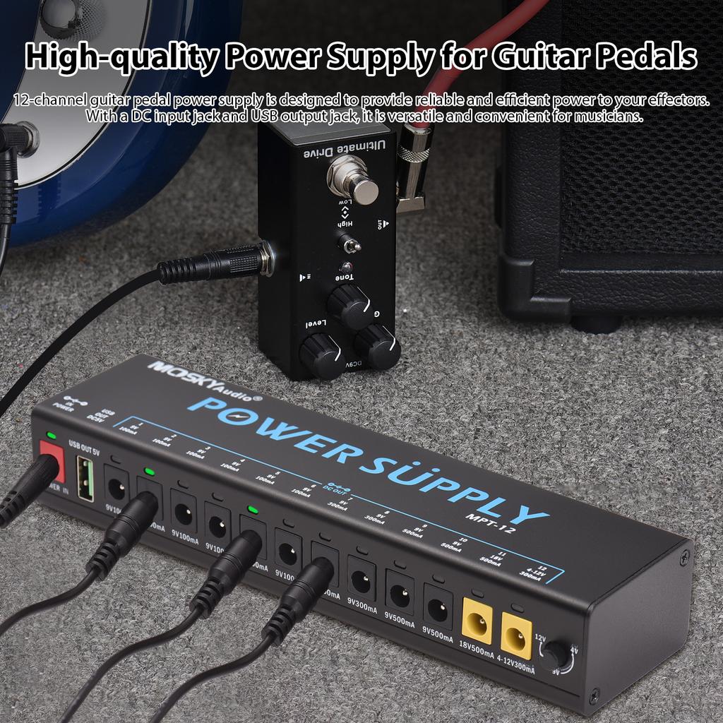 MOSKYAUDIO 12kanálový napájecí zdroj pro kytarový pedál s nezávislou LED ochranou proti zkratu