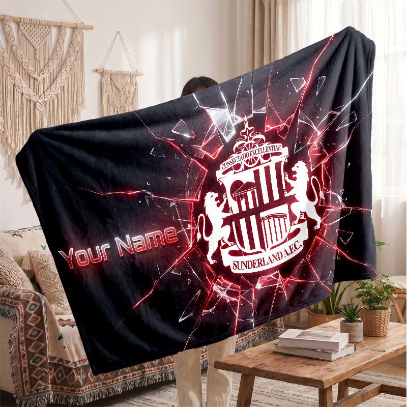 Coperta in Pile Personalizzata Sunderland FC con Logo Calcio, Testo Nome Personalizzato Morbida Calda Coperta da Divano per la Casa