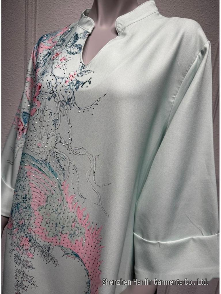 SM003 Muslimisches Jalabiya-Print-Langarmkleid mit Heißbohren - Damenbekleidung im Dubai-Stil