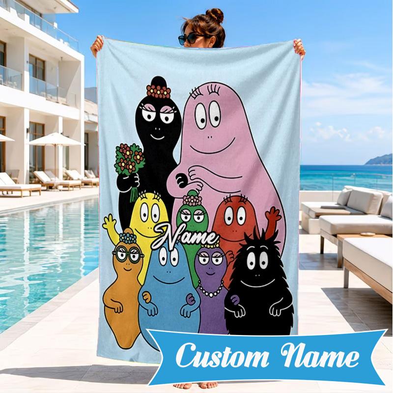 Custom Name Colorful Cartoon Barba-papa Heart In Space Adventure Microfiber Beach Towel, Lightweight for Summer Travel, Swimming Pool Fan Gift