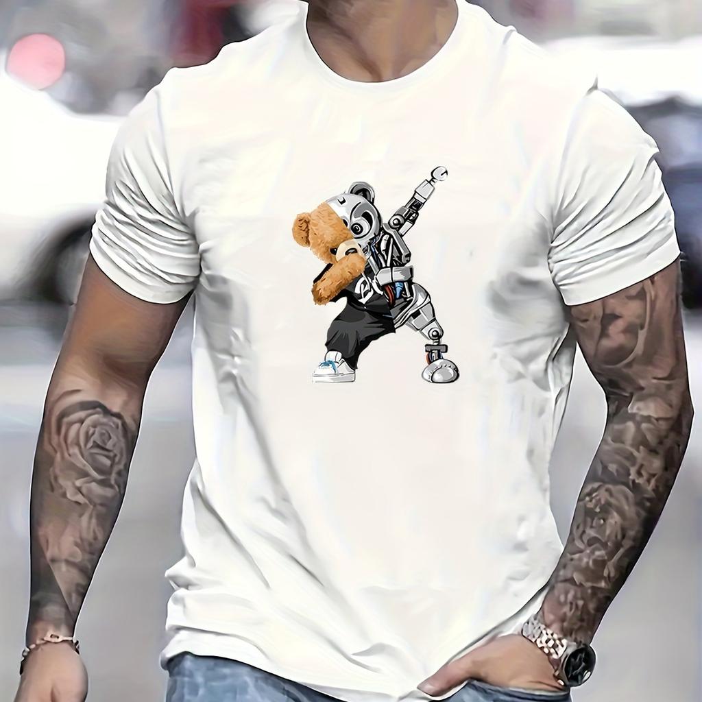 Cotton Robot Bear Pattern T-shirt, Men's Casual Street Style Stretch Round Neck Tee Shirt For Summer