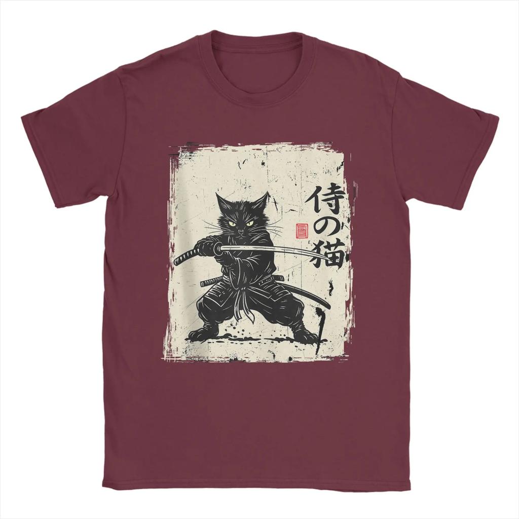 Vintage Anime Cat Japanese Art Funny Samurai Cat T Shirts Men's Cotton Vintage T-Shirt Round Neck Tees Short Sleeve Tops 5XL 6XL