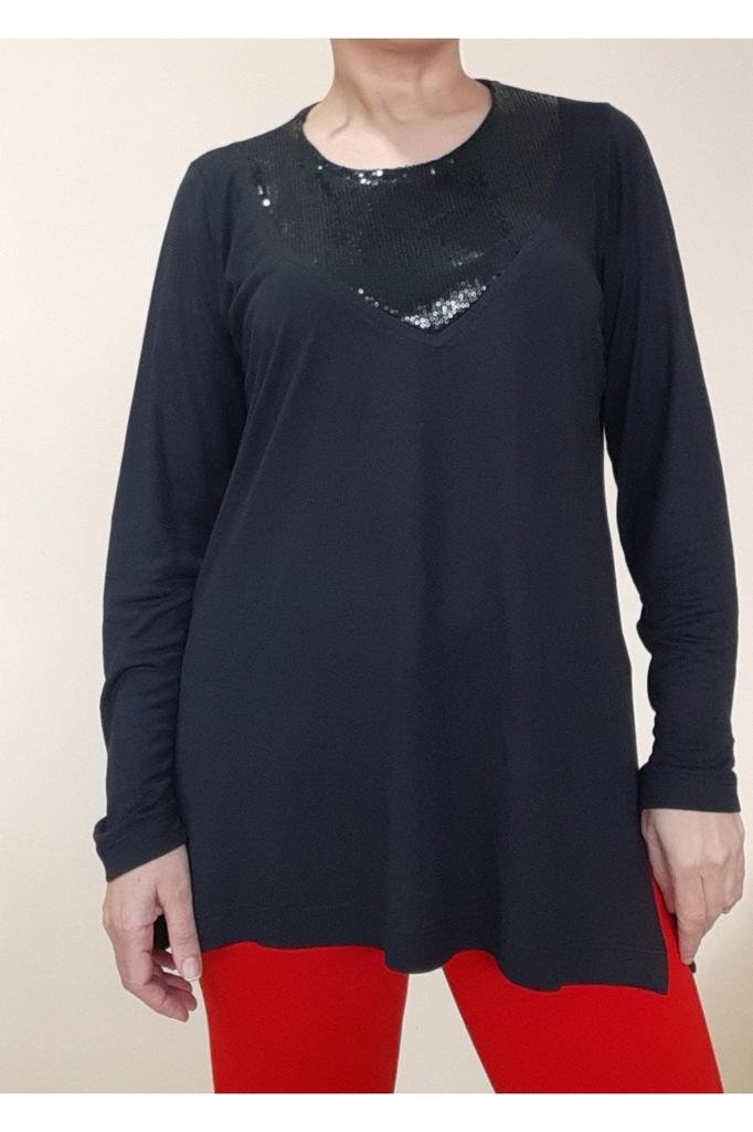 Women's Style Big Size T-Shirt Black Combed Cotton Viscose T-Shirt With Sequin Palette Detail On The Front