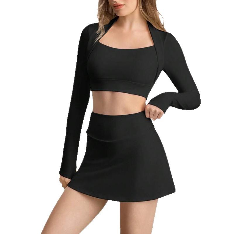 Tennis sports short skirt anti-light suit, women's chest pad sports fitness long-sleeved yoga suit set