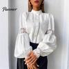 Entspannte Passform Kleidung Damen Stickerei Spitze Hemd, Herbst Laternenärmel Stehkragen Bluse, Lässig Formell Oberteil Normale Unifarbene Knopfleiste Polyester