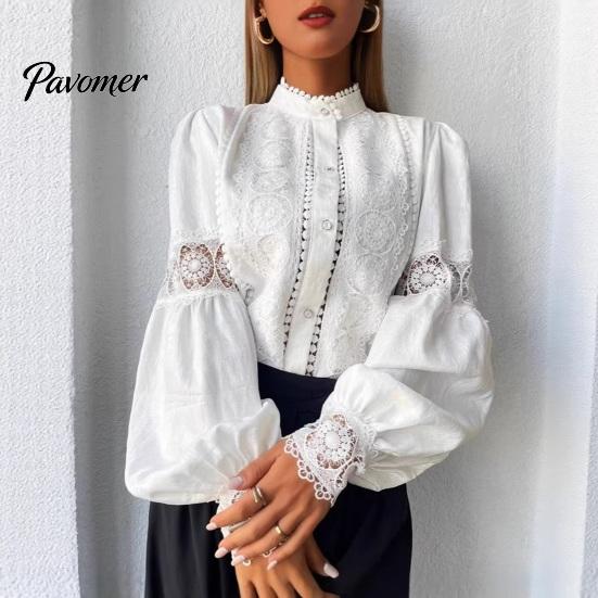 Entspannte Passform Kleidung Damen Stickerei Spitze Hemd, Herbst Laternenärmel Stehkragen Bluse, Lässig Formell Oberteil Normale Unifarbene Knopfleiste Polyester
