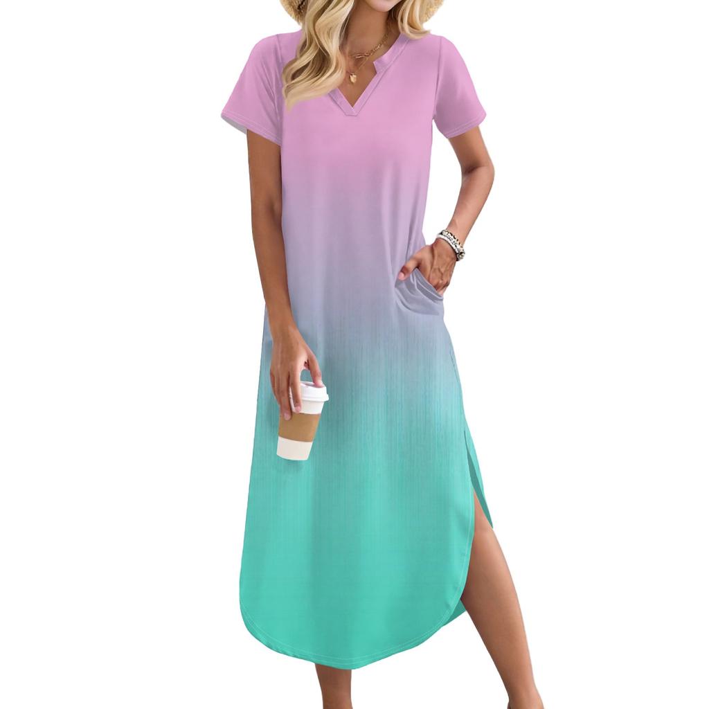 Women's Long Skirt Casual V-neck Long Shirt Dress Loose Slit Holiday Short Sleeve Dress