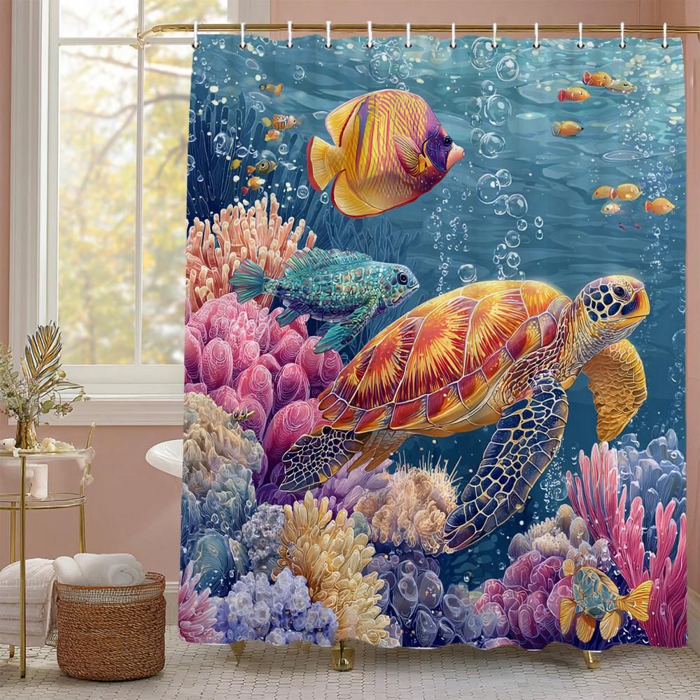 Underwater World Ocean Dolphin Sea Turtle Shower Curtain, Bathroom Decorative Shower Curtain, printing Shower Curtain with Hooks