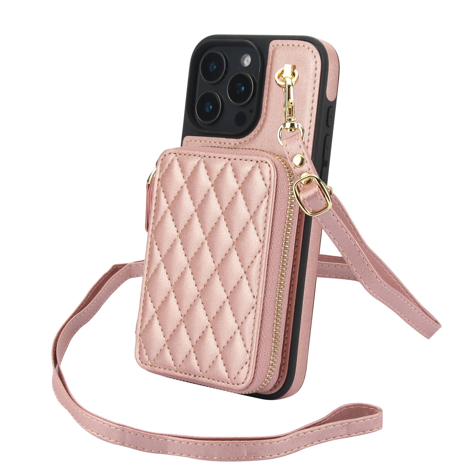 Crossbody Wallet Case for iPhone 16/15/14 Pro Max Plus, RFID Blocking Zipper Handbag Purse Flip Cover, Kickstand Folio Case For iPhone 14 ProMax розового золота