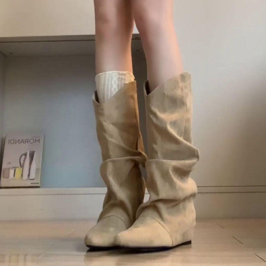 G5U Lammfell Spitzzehen Geraffte Overknee Westernstiefel für Damen