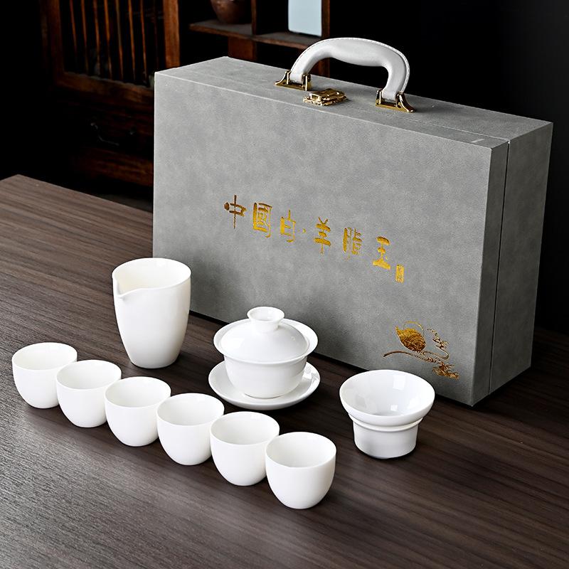 

High-grade suet jade white porcelain, kung fu jade porcelain cover bowl tea set, Dehua ceramic gift box, gift set, souvenir gift