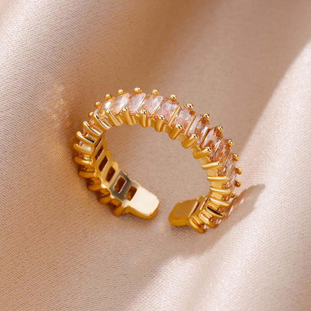 Gold Plated Cubic Zircon Rings For Women Open Stainless Steel Green Luxury Crystal Finger Ring Boho Jewelry Wedding Party Gift