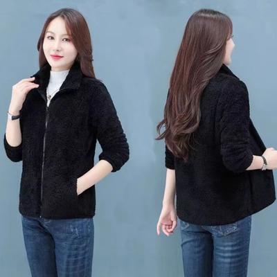 Autumn and Winter Coat Women's Fleece Short Loose Large Size Warm Sports Outdoor Stand-up Collar Coral Fleece Cardigan Sweater Women