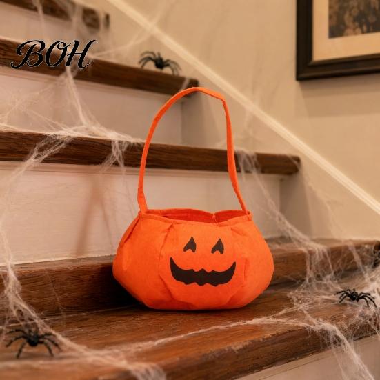 Halloween Gift Bag Pumpkin Candy for Kids, Small Trick or Treat Bucket, Reusable Soft Face Basket with Handle Party Decoration