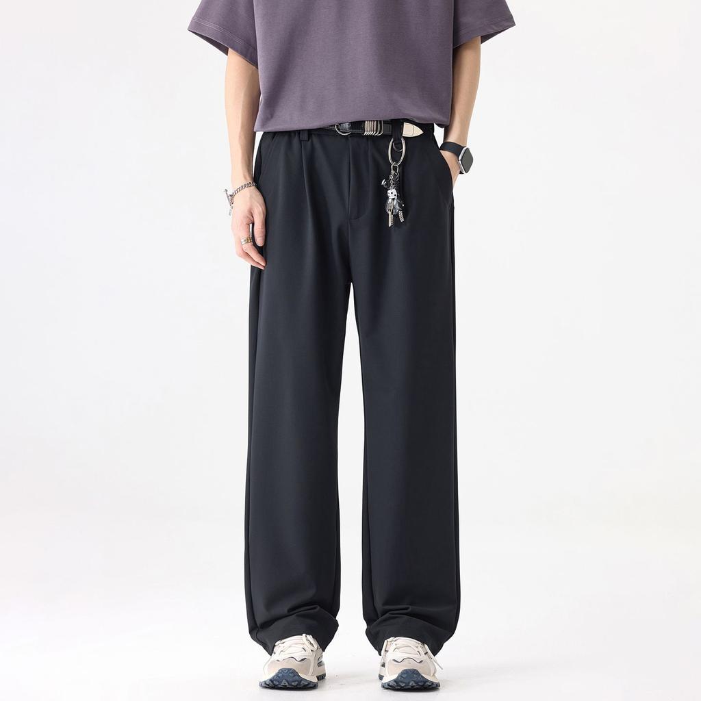 Solid color simple trendy brand commuter light business small trousers men's fashion loose wide-leg straight casual trousers
