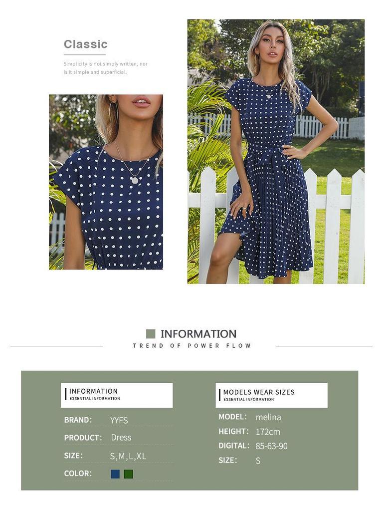 2026 Summer Polka Dot Pleated Lace-up Dress - Mid-length Casual Short-sleeved Style for European and American Markets