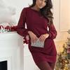 Solid Color Sequin Round Neck Long Sleeve Bodycon Dress