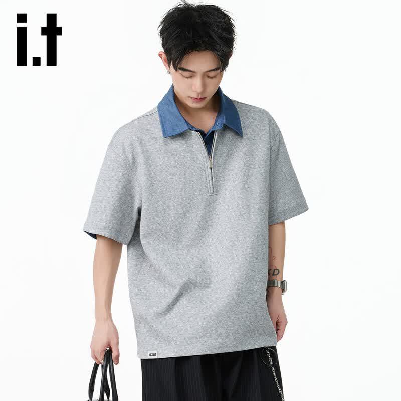 Izzueit Men s Faux Two-Piece Contrast Collar Loose Fit Polo Shirt XL