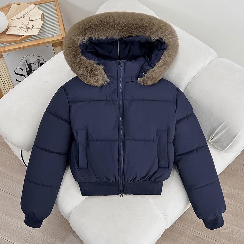 Winter neue Mode vielseitige Kapuzen-Daunen-Baumwollkleidung kurz großer Pelzkragen verdickt locker kleiner Mantel