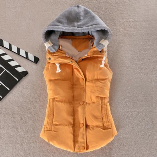 Women Autumn Winter Color Block Sleeveless Hooded Waistcoat Warm Thick Vest Coat