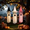 Halloween Light Up Smiling Ghost Hanging Decoration with Witch Hat Long Fringe Design for Indoor Outdoor Party Use