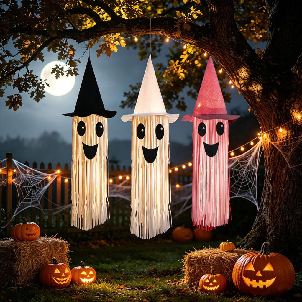 Halloween Light Up Smiling Ghost Hanging Decoration with Witch Hat Long Fringe Design for Indoor Outdoor Party Use