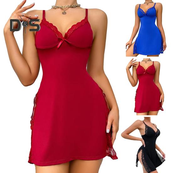 Women Sexy Nightdress Deep V Neck Backless Sleeveless Lace Patchwork Split Bow Decor Solid Color Soft Above Knee Length Lady Sleepwear Dress
